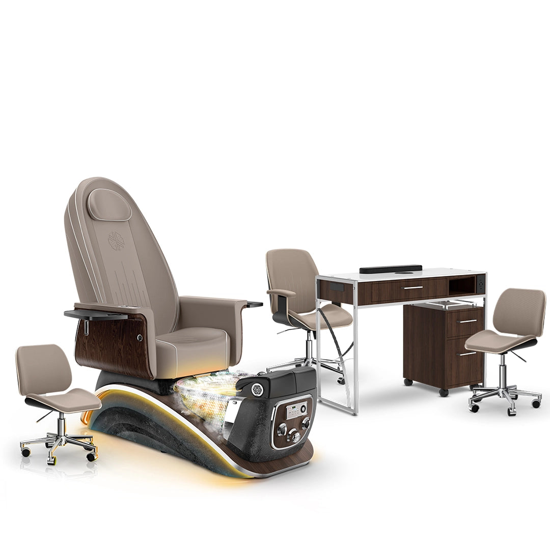 Claystone-Black Moonstone-Dark Walnut Lexor Mystique Pedicure Chair with Thera-Mist and Matching Nail Table Set