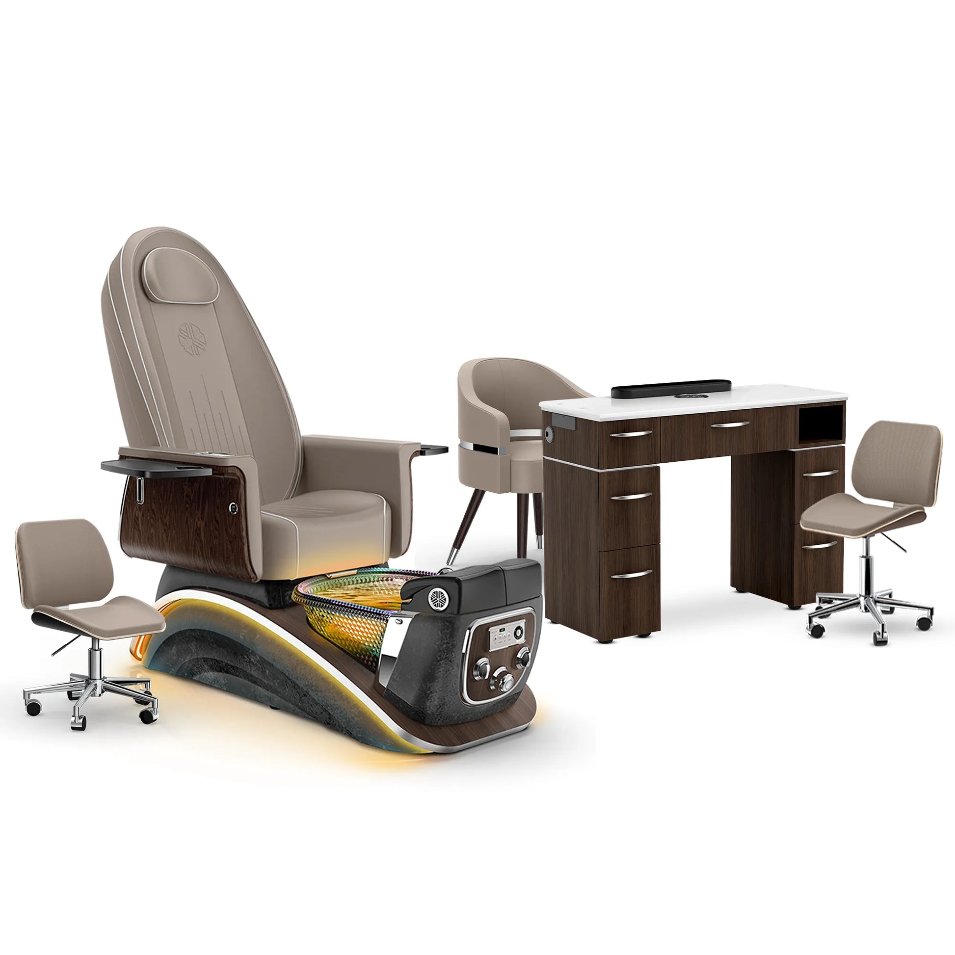 Claystone-Black Moonstone-Dark Walnut Lexor Mystique Pedicure Chair and Matching Nail Table Set
