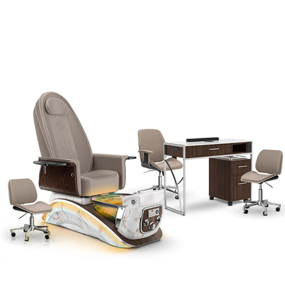 Claystone-White Moonstone-Dark Walnut Lexor Mystique Pedicure Chair and Matching Nail Table Set