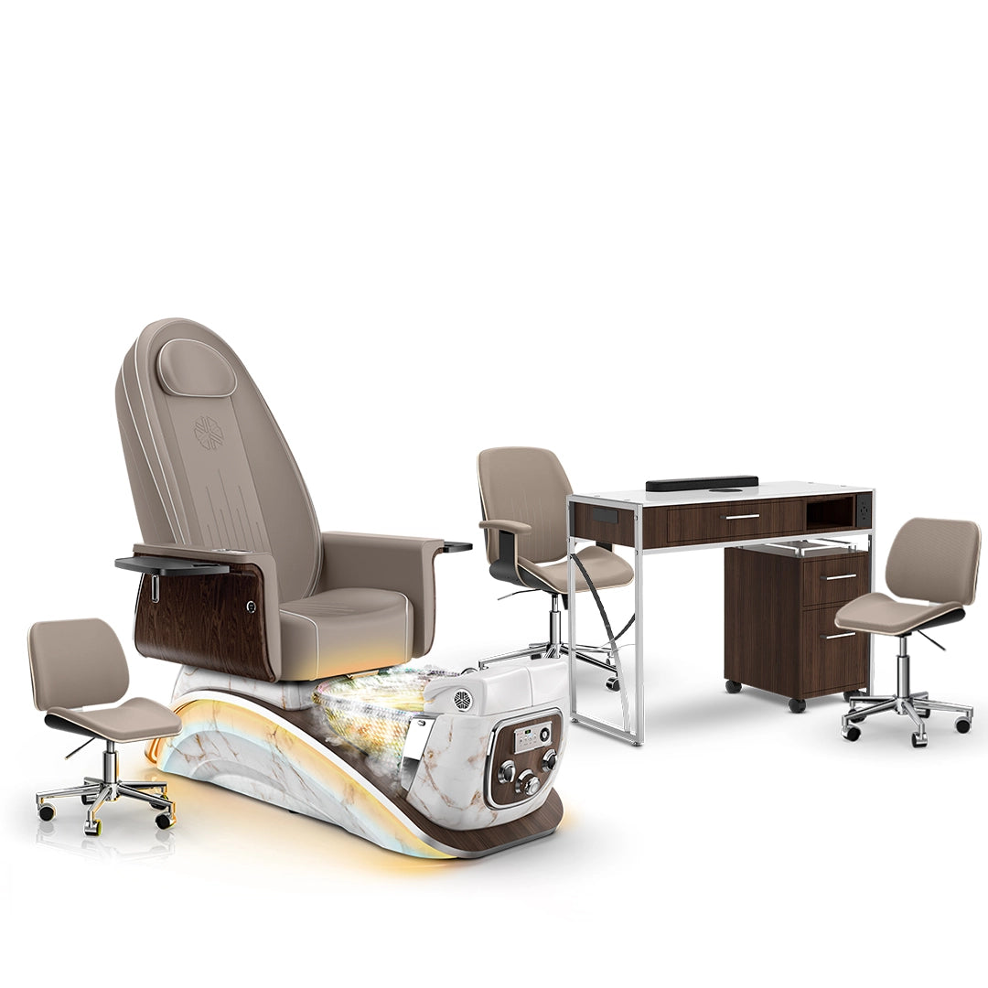 Claystone-White Moonstone-Dark Walnut Lexor Mystique Pedicure Chair with Thera-Mist and Matching Nail Table Set