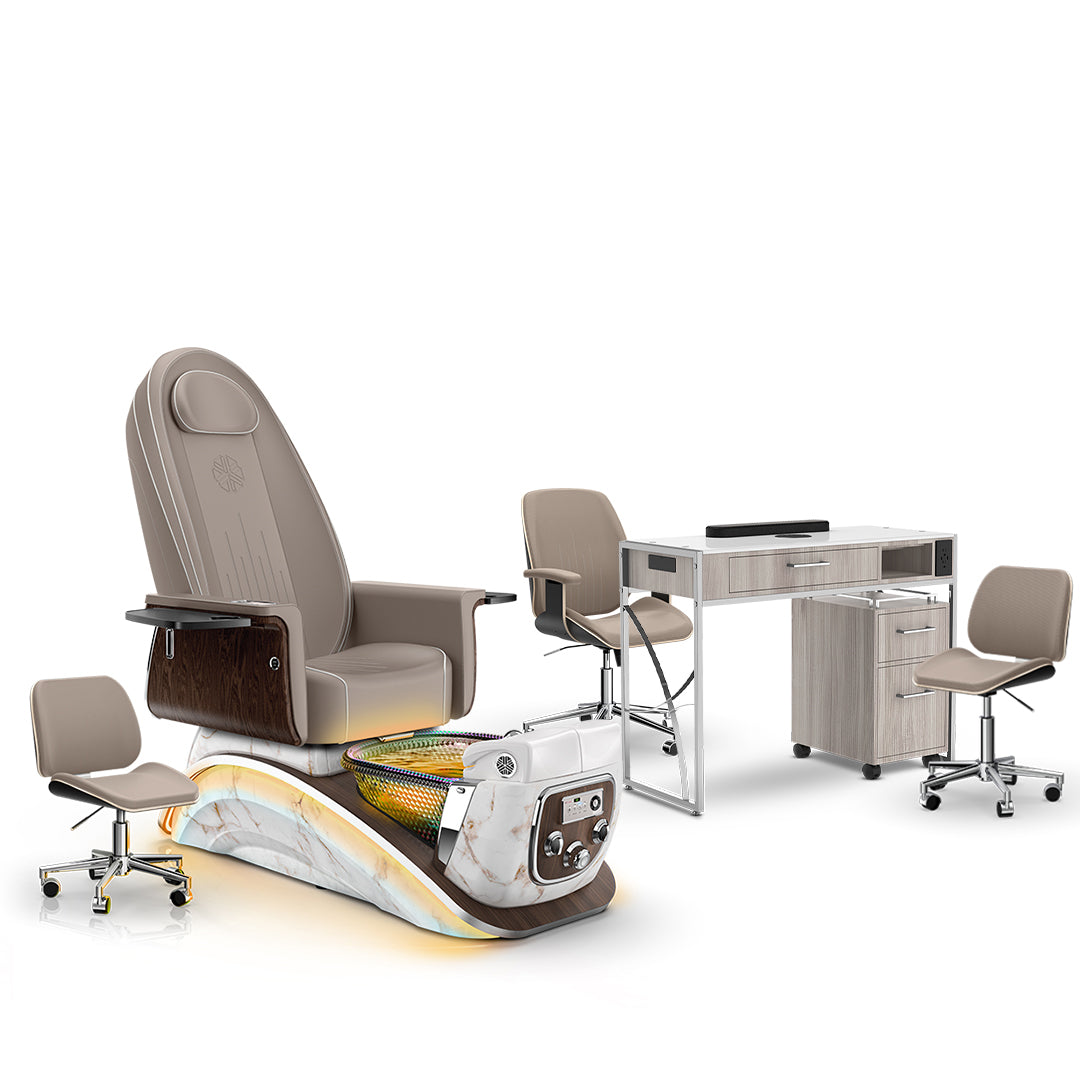 Claystone-White Moonstone-Hazel Lexor Mystique Pedicure Chair and Matching Nail Table Set