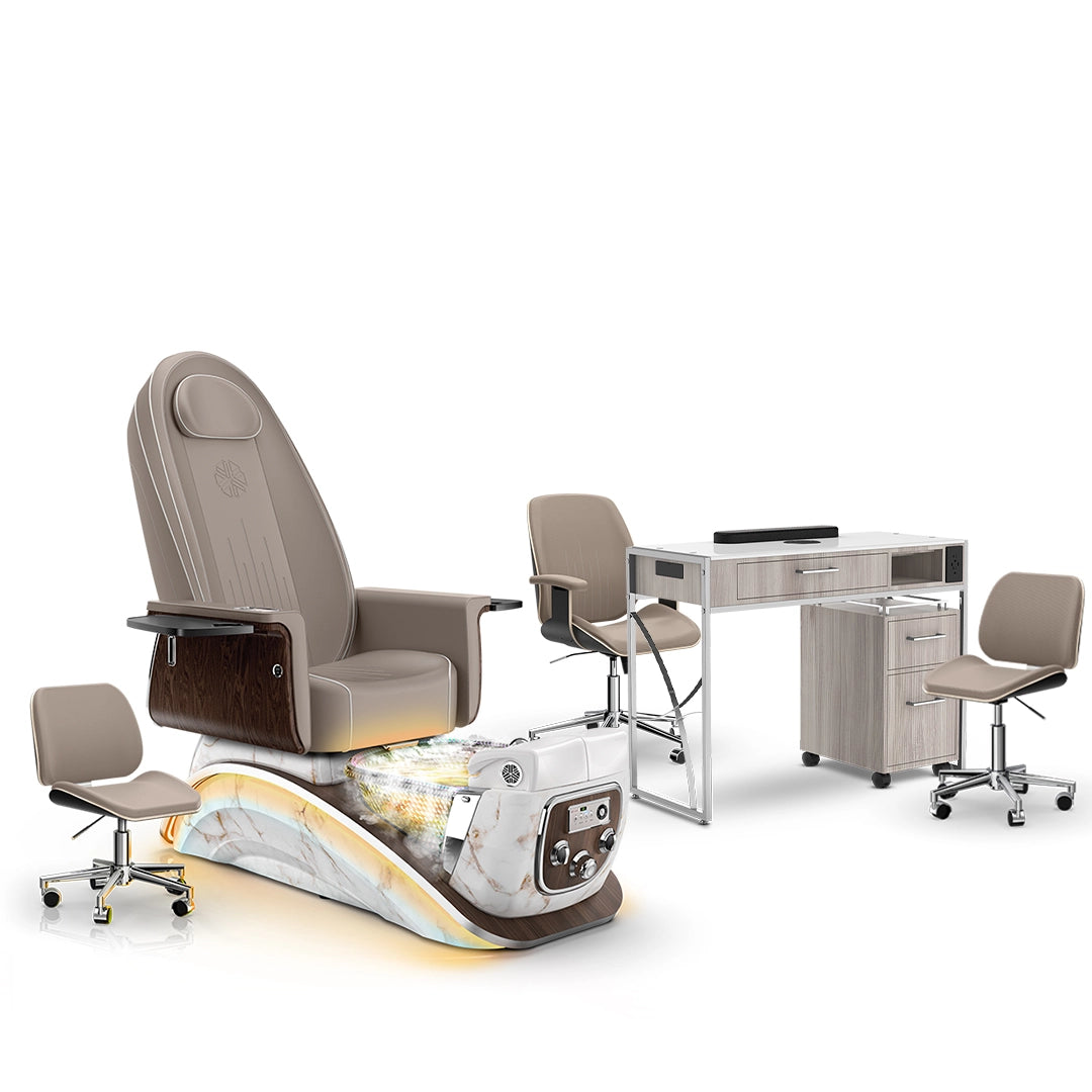 Claystone-White Moonstone-Hazel Lexor Mystique Pedicure Chair with Thera-Mist and Matching Nail Table Set