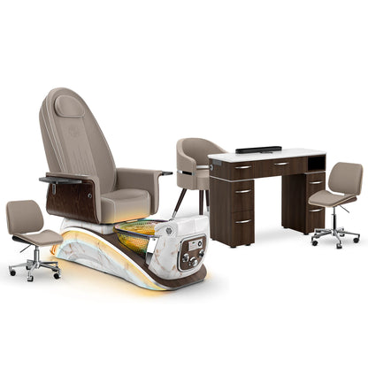 Claystone-White Moonstone-Dark Walnut Lexor Mystique Pedicure Chair and Matching Nail Table Set