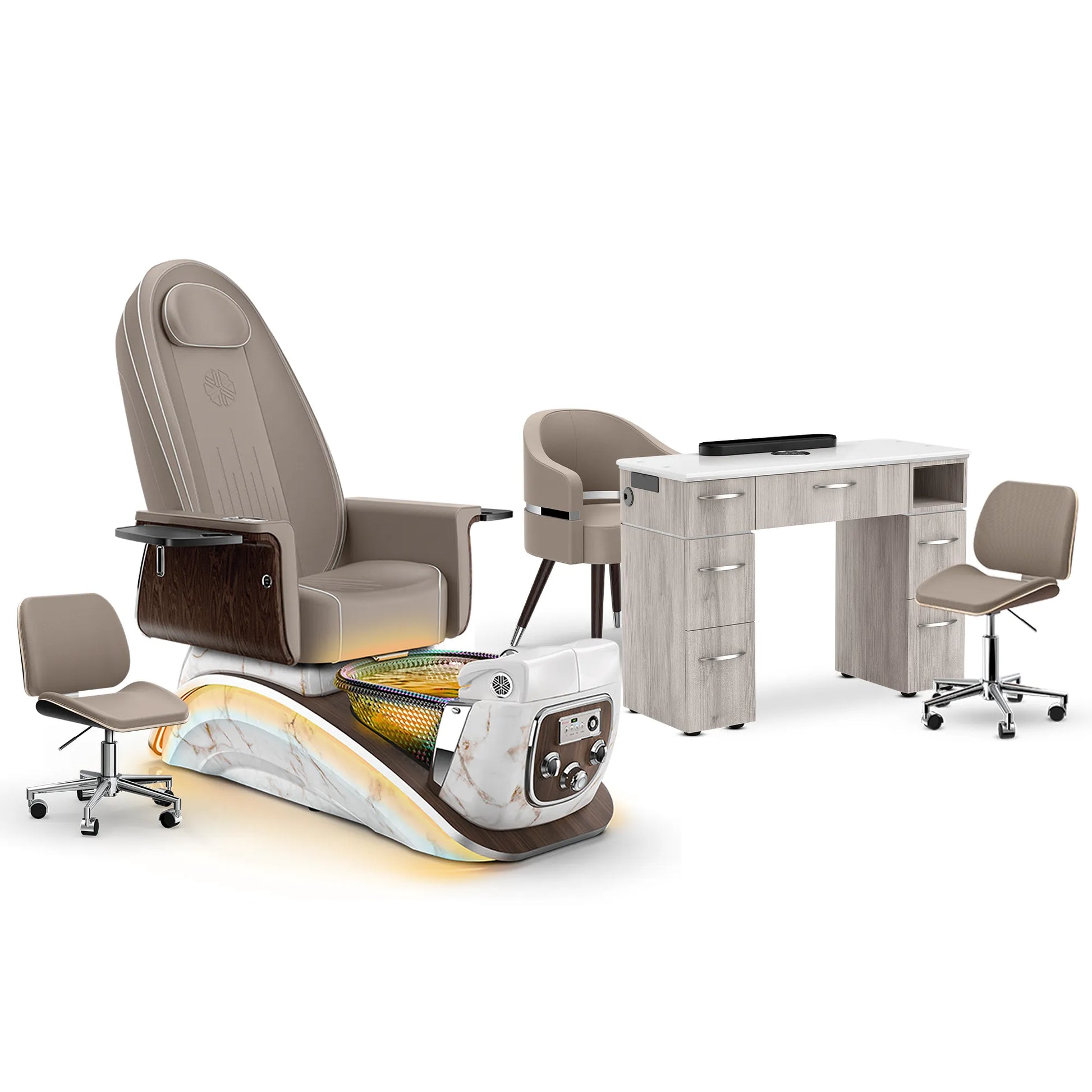 Claystone-White Moonstone-Hazel Lexor Mystique Pedicure Chair and Matching Nail Table Set