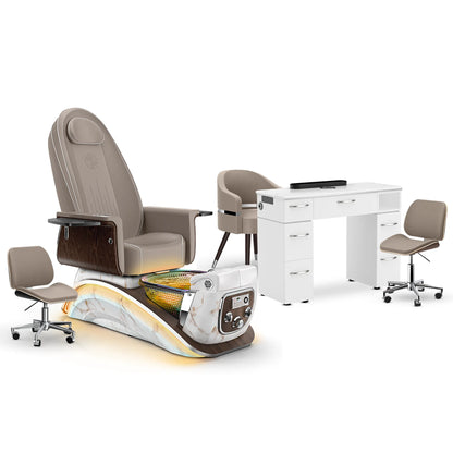 Claystone-White Moonstone-White Lexor Mystique Pedicure Chair and Matching Nail Table Set