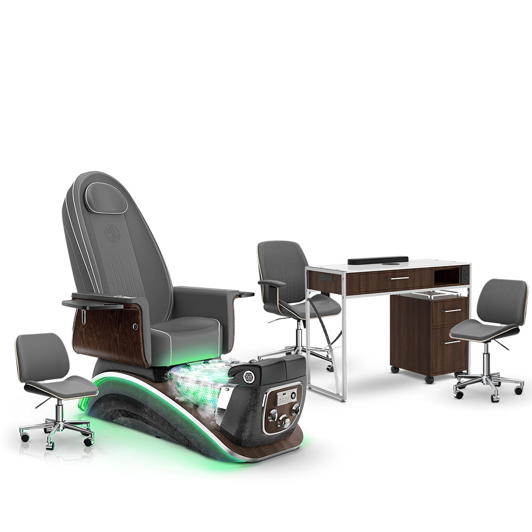 Graphite-Black Moonstone-Dark Walnut Lexor Mystique Pedicure Chair with Thera-Mist and Matching Nail Table Set