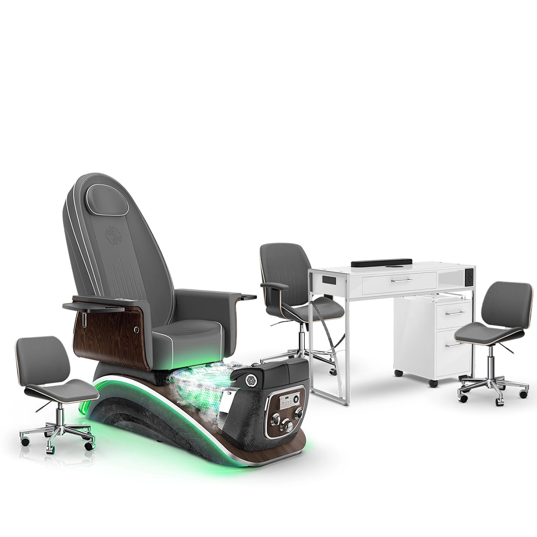 Graphite-Black Moonstone-White Lexor Mystique Pedicure Chair with Thera-Mist and Matching Nail Table Set