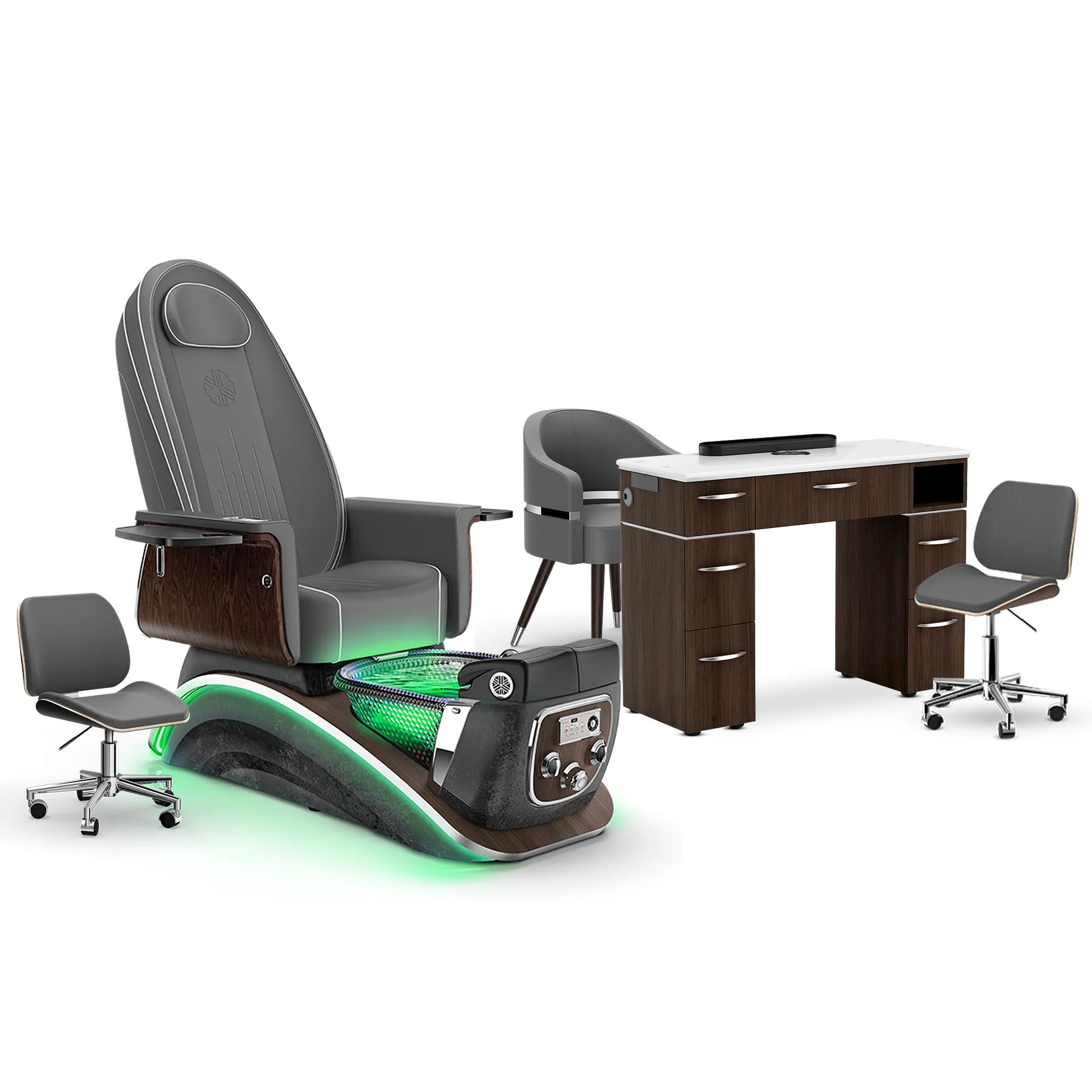 Graphite-Black Moonstone-Dark Walnut Lexor Mystique Pedicure Chair and Matching Nail Table Set