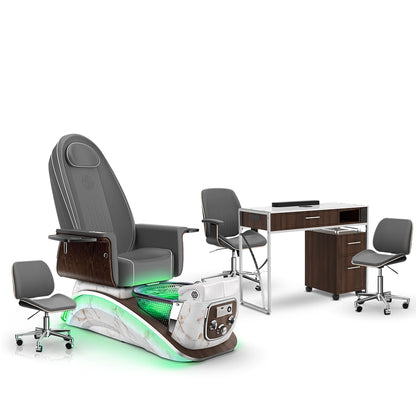 Graphite-White Moonstone-Dark Walnut Lexor Mystique Pedicure Chair and Matching Nail Table Set