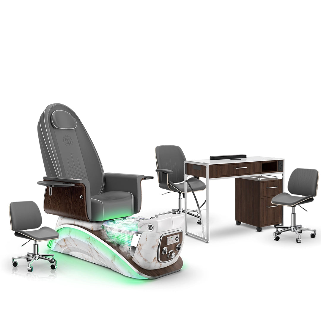 Graphite-White Moonstone-Dark Walnut Lexor Mystique Pedicure Chair with Thera-Mist and Matching Nail Table Set