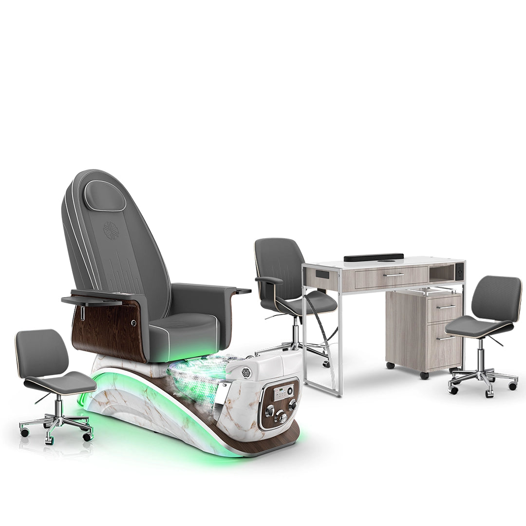 Graphite-White Moonstone-Hazel Lexor Mystique Pedicure Chair with Thera-Mist and Matching Nail Table Set
