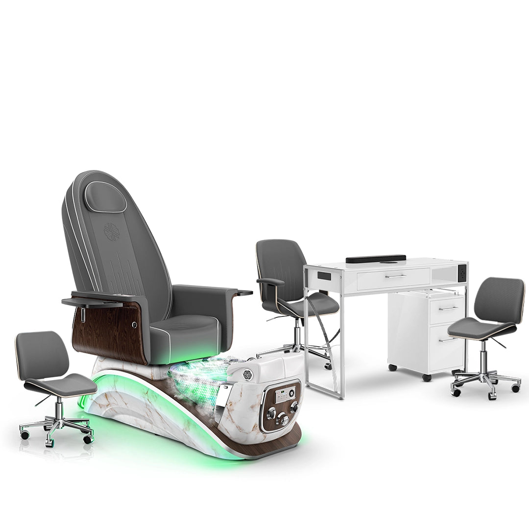 Graphite-White Moonstone-White Lexor Mystique Pedicure Chair with Thera-Mist and Matching Nail Table Set