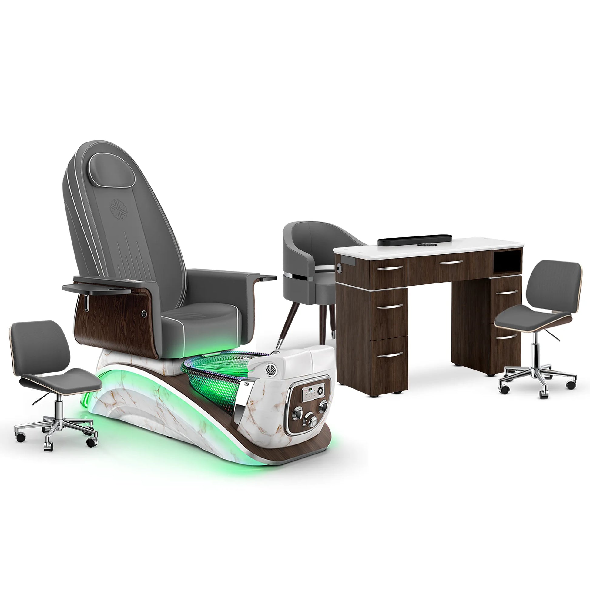 Graphite-White Moonstone-Dark Walnut Lexor Mystique Pedicure Chair and Matching Nail Table Set
