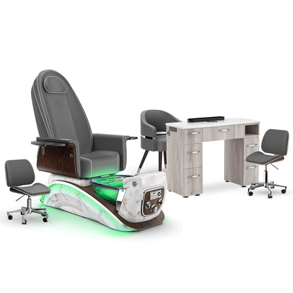 Graphite-White Moonstone-Hazel Lexor Mystique Pedicure Chair and Matching Nail Table Set