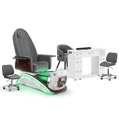Graphite-White Moonstone-White Lexor Mystique Pedicure Chair and Matching Nail Table Set