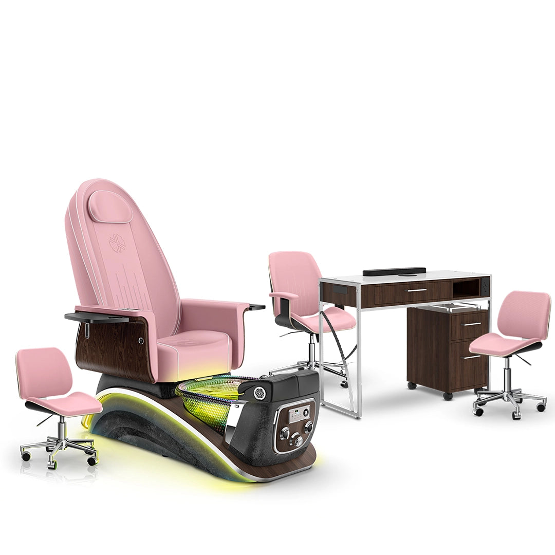 Ice Pink-Black Moonstone-Dark Walnut Lexor Mystique Pedicure Chair and Matching Nail Table Set
