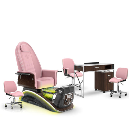 Ice Pink-Black Moonstone-Dark Walnut Lexor Mystique Pedicure Chair and Matching Nail Table Set