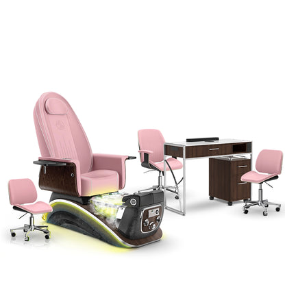 Ice Pink-Black Moonstone-Dark Walnut Lexor Mystique Pedicure Chair with Thera-Mist and Matching Nail Table Set