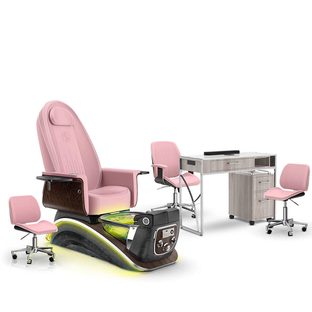 Ice Pink-Black Moonstone-Hazel Lexor Mystique Pedicure Chair and Matching Nail Table Set