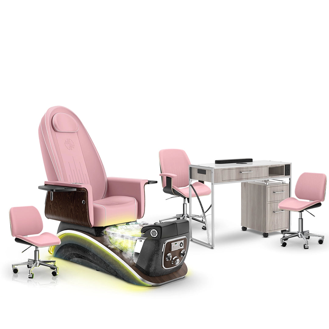 Ice Pink-Black Moonstone-Hazel Lexor Mystique Pedicure Chair with Thera-Mist and Matching Nail Table Set