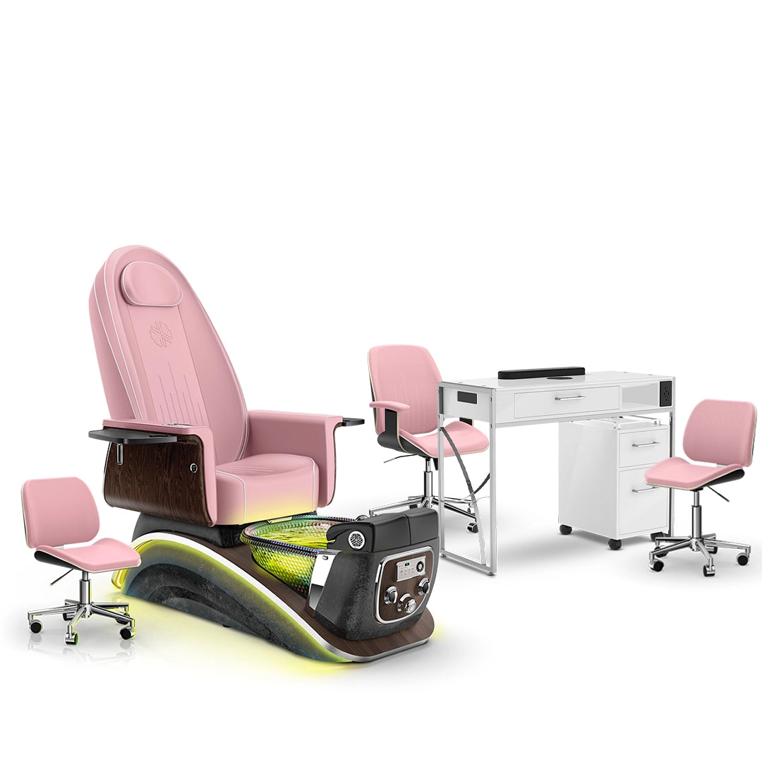 Ice Pink-Black Moonstone-White Lexor Mystique Pedicure Chair and Matching Nail Table Set