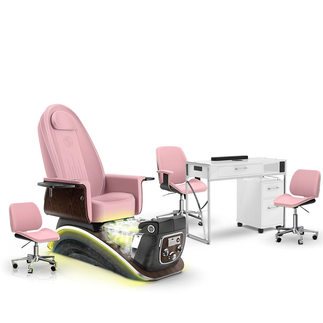 Ice Pink-Black Moonstone-White Lexor Mystique Pedicure Chair with Thera-Mist and Matching Nail Table Set