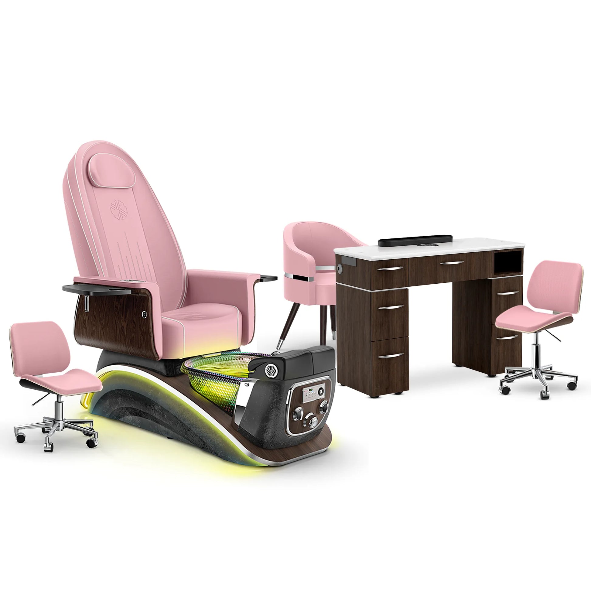 Ice Pink-Black Moonstone-Dark Walnut Lexor Mystique Pedicure Chair and Matching Nail Table Set