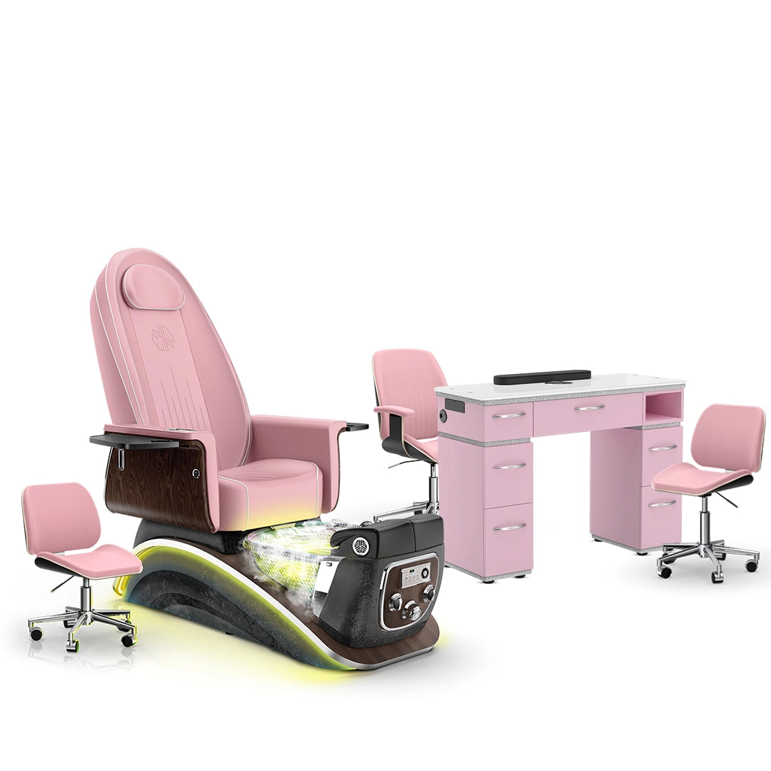 Ice Pink-Black Moonstone-Pink Lexor Mystique Pedicure Chair with Thera-Mist and Matching Nail Table Set