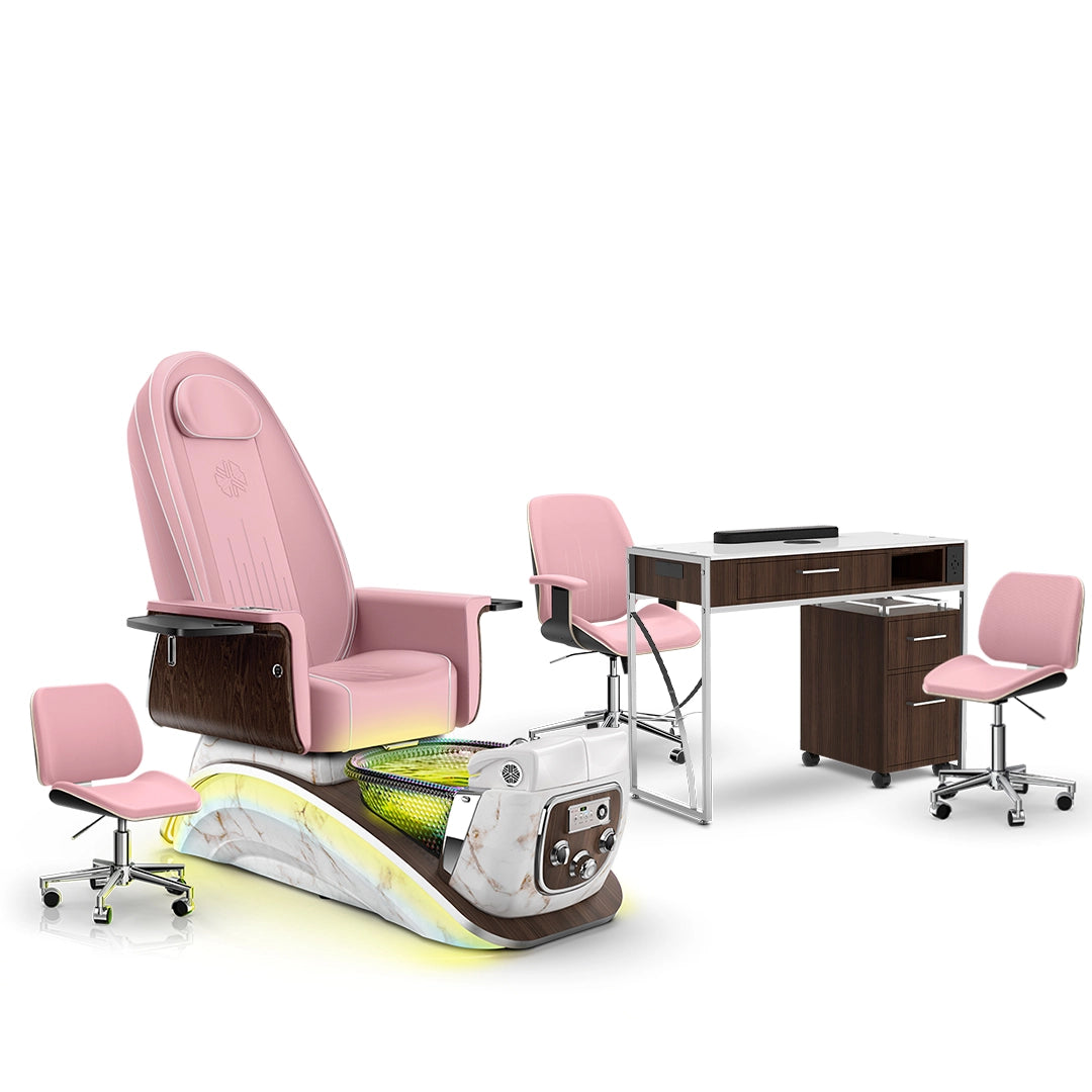 Ice Pink-White Moonstone-Dark Walnut Lexor Mystique Pedicure Chair and Matching Nail Table Set