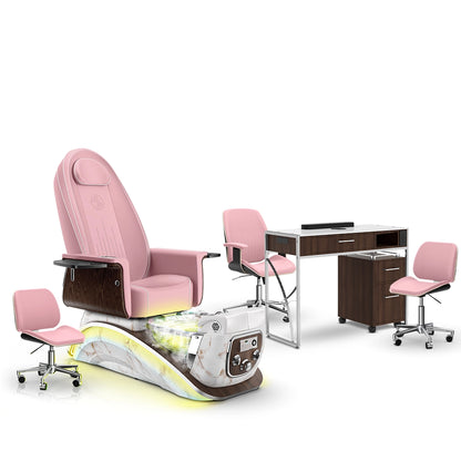Ice Pink-White Moonstone-Dark Walnut Lexor Mystique Pedicure Chair with Thera-Mist and Matching Nail Table Set