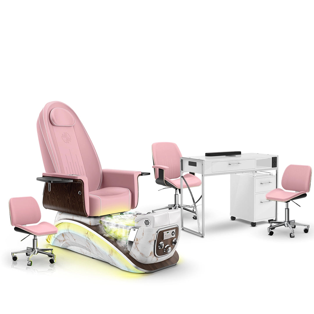 Ice Pink-White Moonstone-White Lexor Mystique Pedicure Chair with Thera-Mist and Matching Nail Table Set
