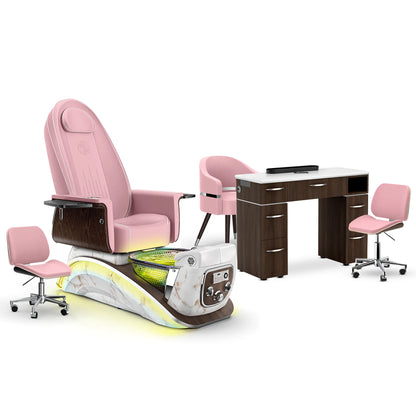 Ice Pink-White Moonstone-Dark Walnut Lexor Mystique Pedicure Chair and Matching Nail Table Set