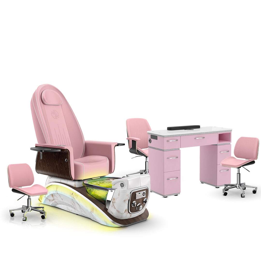 Ice Pink-White Moonstone-Pink Lexor Mystique Pedicure Chair and Matching Nail Table Set