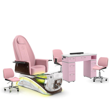 Ice Pink-White Moonstone-Pink Lexor Mystique Pedicure Chair and Matching Nail Table Set