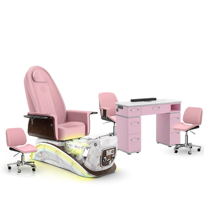 Ice Pink-White Moonstone-Pink Lexor Mystique Pedicure Chair with Thera-Mist and Matching Nail Table Set