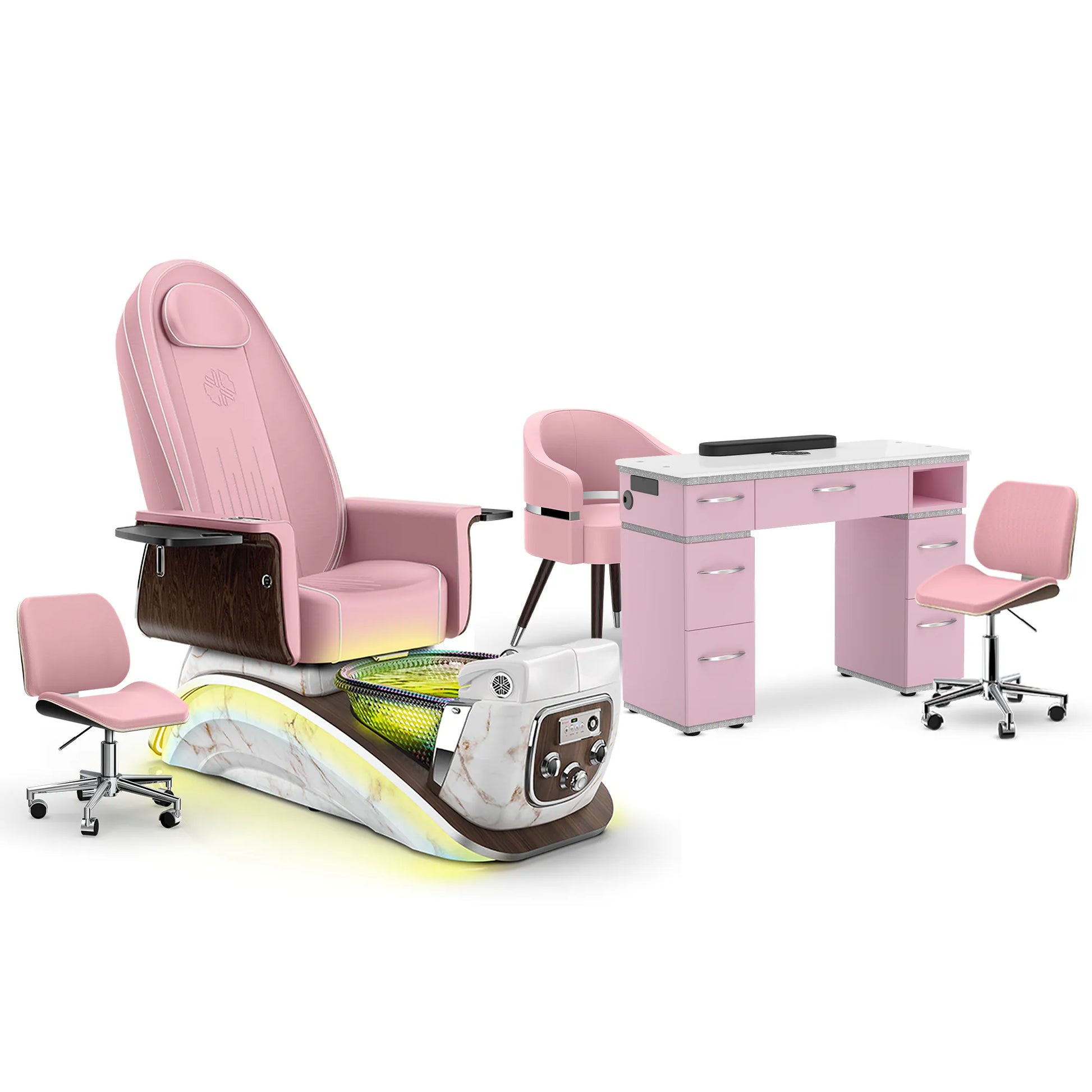 Ice Pink-White Moonstone-Pink Lexor Mystique Pedicure Chair and Matching Nail Table Set