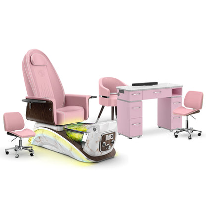 Ice Pink-White Moonstone-Pink Lexor Mystique Pedicure Chair and Matching Nail Table Set