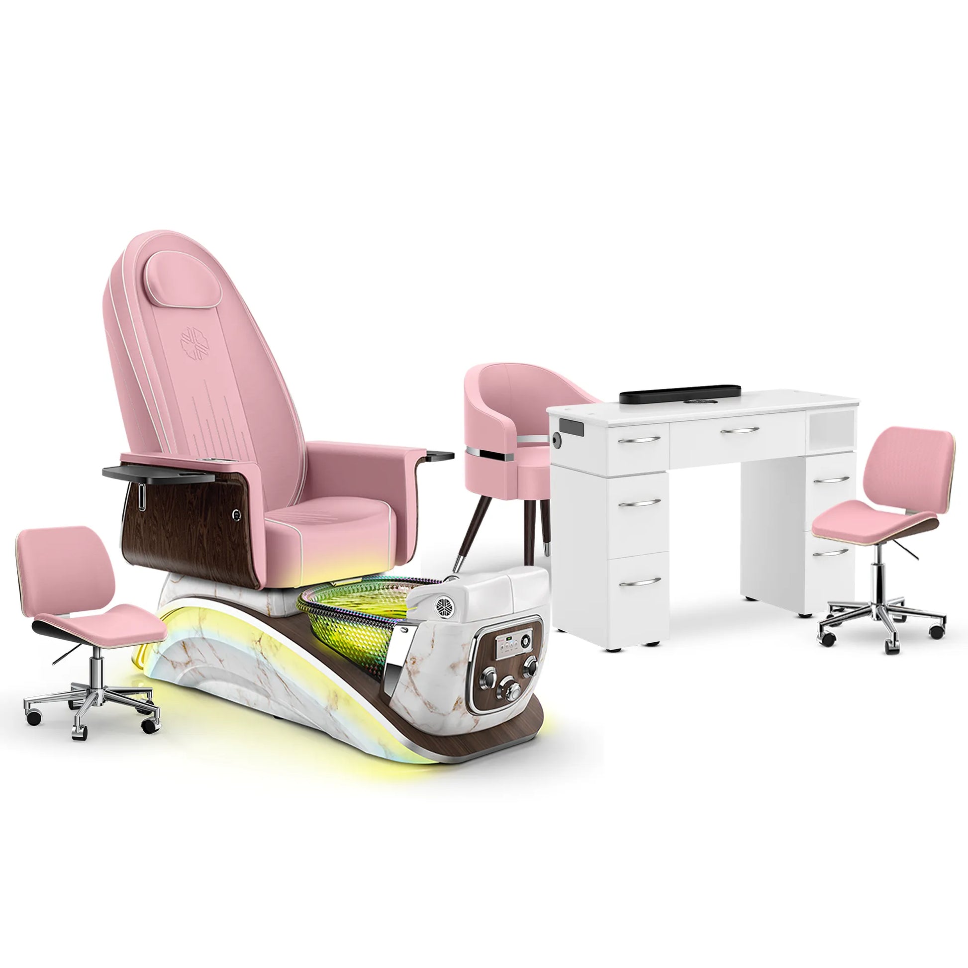 Ice Pink-White Moonstone-White Lexor Mystique Pedicure Chair and Matching Nail Table Set