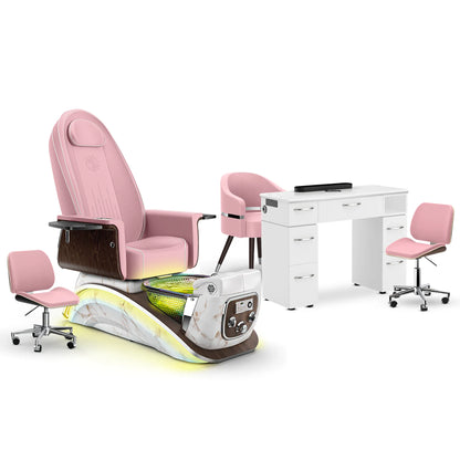 Ice Pink-White Moonstone-White Lexor Mystique Pedicure Chair and Matching Nail Table Set