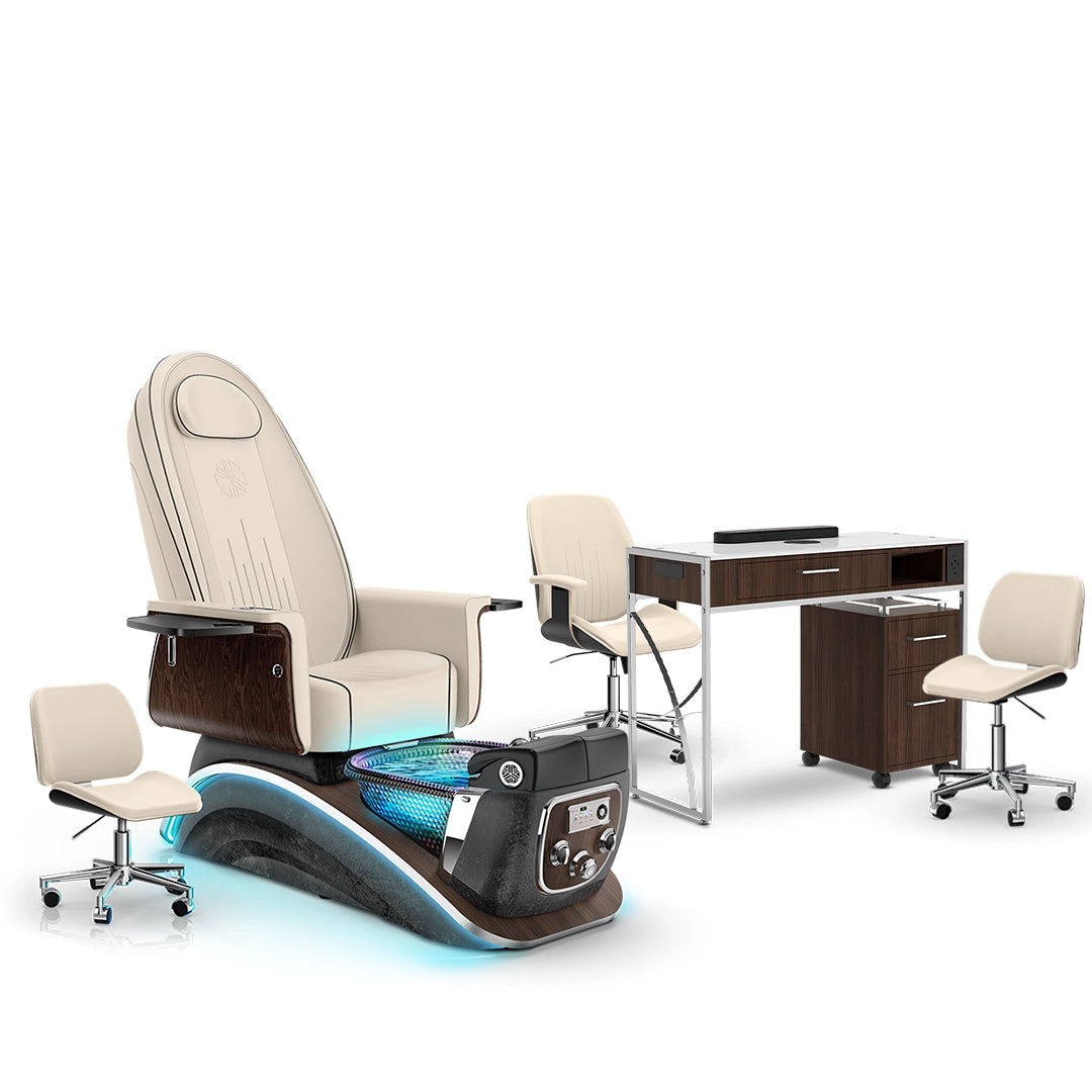 Ivory-Black Moonstone-Dark Walnut Lexor Mystique Pedicure Chair and Matching Nail Table Set