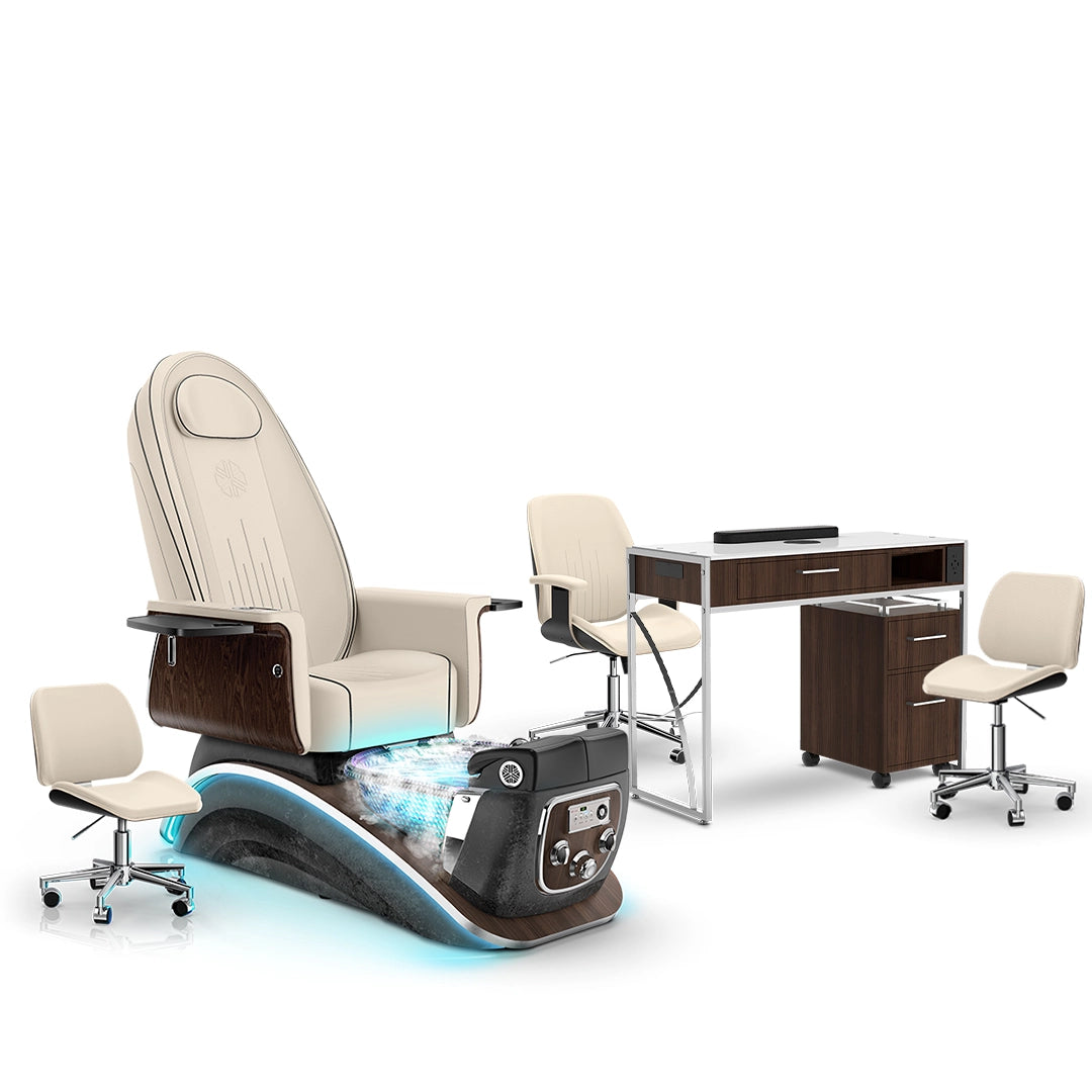 Ivory-Black Moonstone-Dark Walnut Lexor Mystique Pedicure Chair with Thera-Mist and Matching Nail Table Set
