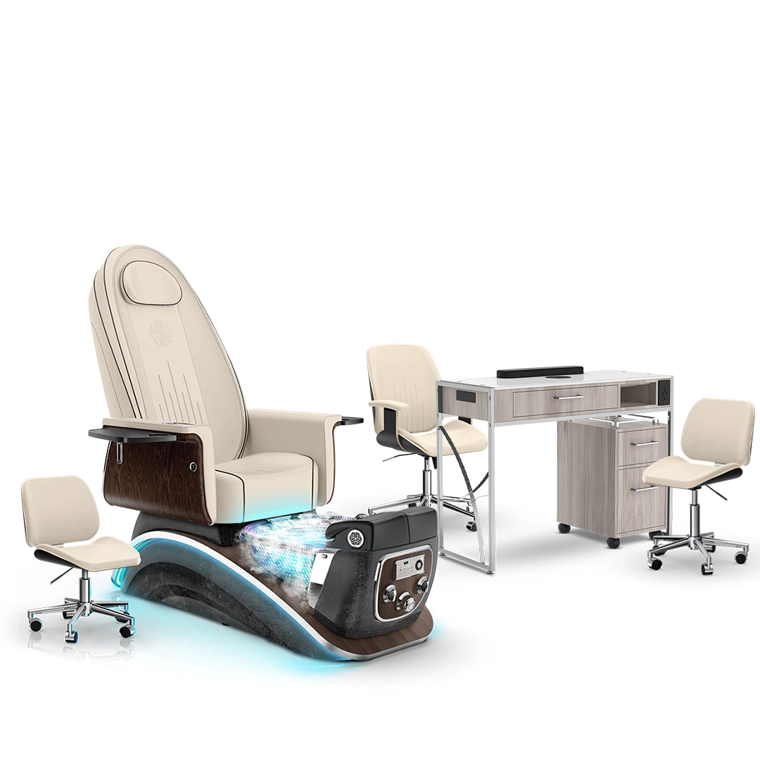 Ivory-Black Moonstone-Hazel Lexor Mystique Pedicure Chair with Thera-Mist and Matching Nail Table Set