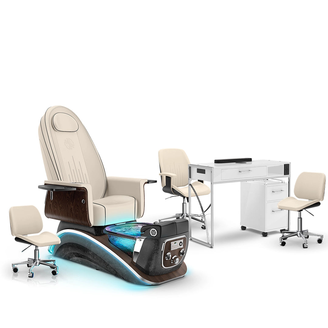 Ivory-Black Moonstone-White Lexor Mystique Pedicure Chair and Matching Nail Table Set