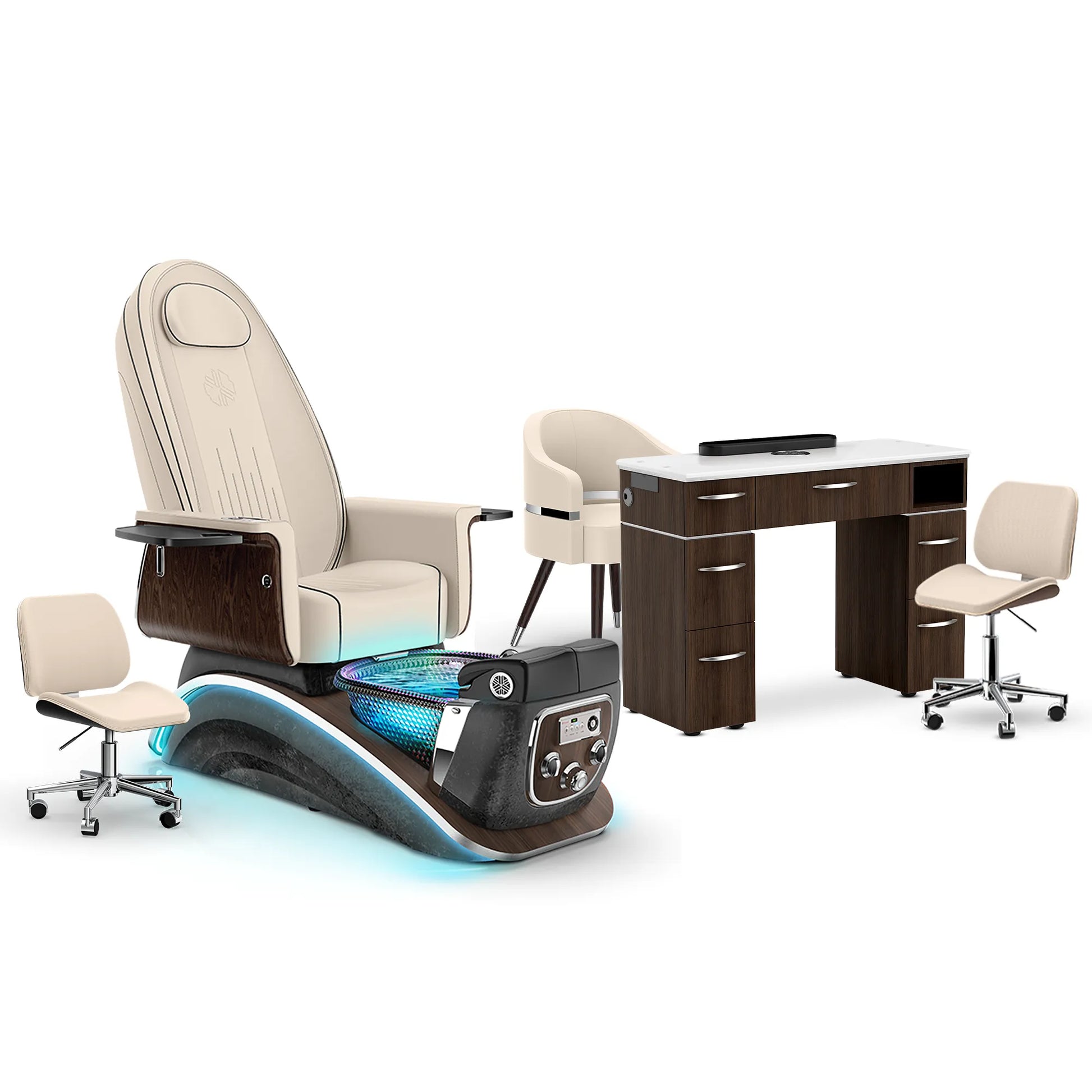Ivory-Black Moonstone-Dark Walnut Lexor Mystique Pedicure Chair and Matching Nail Table Set