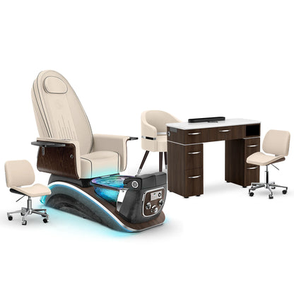 Ivory-Black Moonstone-Dark Walnut Lexor Mystique Pedicure Chair and Matching Nail Table Set