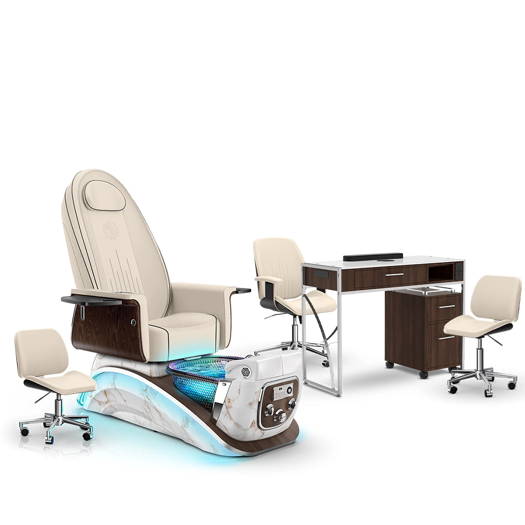 Ivory-White Moonstone-Dark Walnut Lexor Mystique Pedicure Chair and Matching Nail Table Set