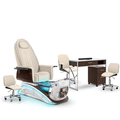 Ivory-White Moonstone-Dark Walnut Lexor Mystique Pedicure Chair and Matching Nail Table Set