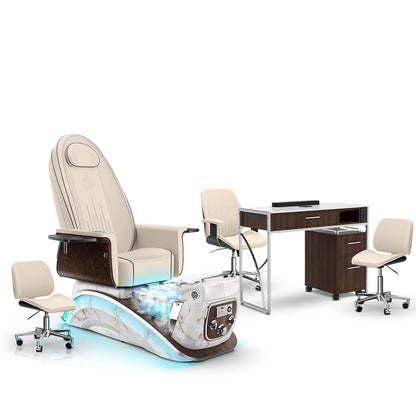 Ivory-White Moonstone-Dark Walnut Lexor Mystique Pedicure Chair with Thera-Mist and Matching Nail Table Set