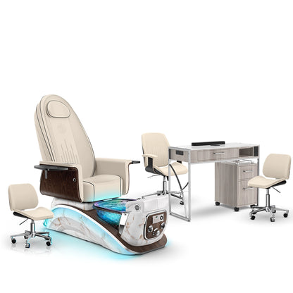 Ivory-White Moonstone-Hazel Lexor Mystique Pedicure Chair and Matching Nail Table Set