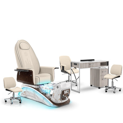 Ivory-White Moonstone-Hazel Lexor Mystique Pedicure Chair with Thera-Mist and Matching Nail Table Set